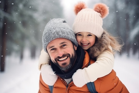 Happy family having fun while travel outdoor in winter enjoying time together comelinessの素材