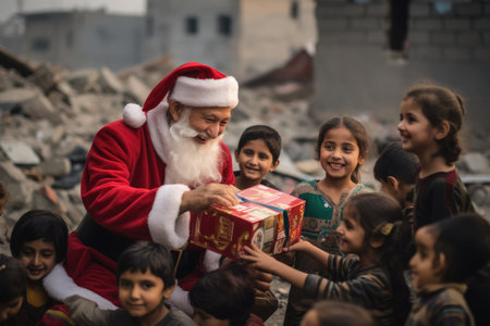 Santa Claus giving christmas gift to children in the city with comelinessの素材