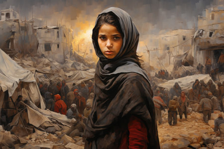Civilian refugee affected from aggression of war and battle escape city from war zone which has no little comelinessの素材