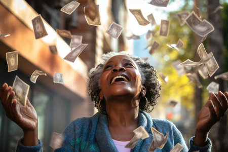 Happy person getting bonus money and banknotes flying in the air and get lucky rich and financial freedom comelinessの素材
