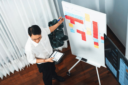Asian office worker employee put note on white board and brainstorming strategic business marketing...