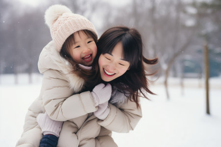 Happy family having fun while travel outdoor in winter enjoying time together comelinessの素材
