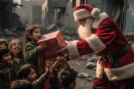 Santa Claus giving christmas gift to children in the city with comelinessの素材
