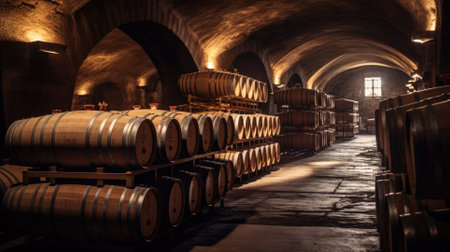Several barrels of wine in a wine cellar in a traditional underground winery comelinessの素材