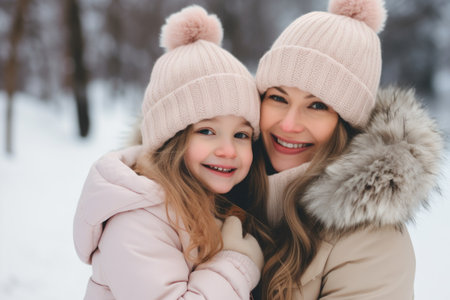 Happy family having fun while travel outdoor in winter enjoying time together comelinessの素材