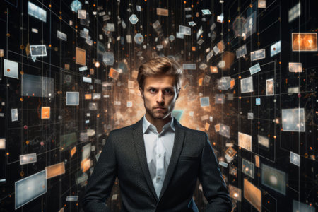 Tech analyst study cyber data chart from corporate system for statistical analytic defining marketing plan and strategy to compete in futuristic technology businessの素材