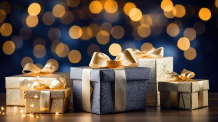 Christmas gift boxes on a wood table ready for joyful holiday celebration, merry Christmas and happy new year 2024 festival comelinessの素材