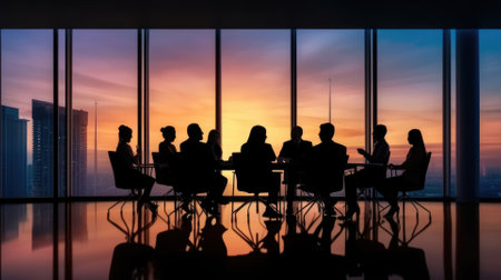 Silhouettes of group of business people against sunset comelinessの素材