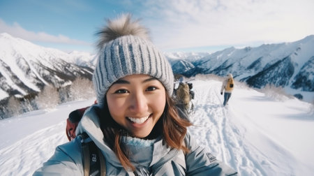Traveler influencer taking selfie during travel in winter season backpack on alps mountain comelinessの素材