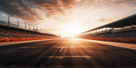 F1 race track circuit road with motion blur and grandstand stadium for Formula One racingの素材