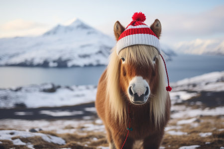 Funny horse dress in Christmas Santa hats standing on the snowy field in winter comelinessの素材