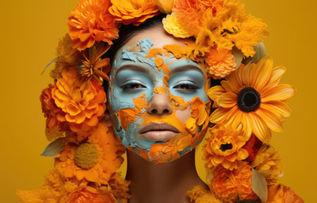 Abstract art portrait of young woman with flowers decoration comelinessの素材
