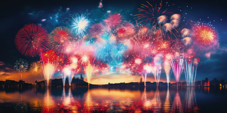 Firework explosion in the night sky celebrating happy new year 2024 . National firework shooting in the beautiful sky for a new year day of year 2024 .の素材