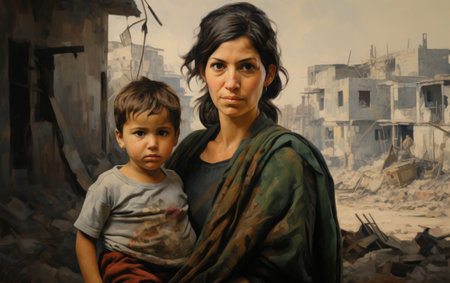 Civilian refugee affected from aggression of war and battle escape city from war zone which has no little comelinessの素材