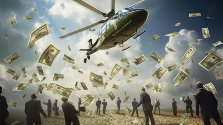 money drop from air to people in the city comeliness, concept of recession rescue by monetization economyの素材
