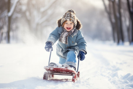 Funny little child runs on sledge in snow. Active sports games in winter time. Happy winter holidays concept. comelinessの素材