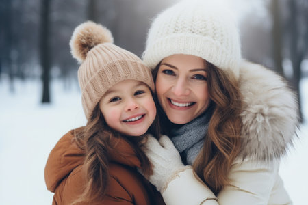 Happy family having fun while travel outdoor in winter enjoying time together comelinessの素材