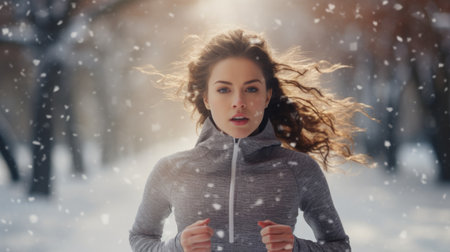 Healthy person running in public park in winter comeliness practicing fitness and strengthの素材