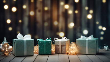 Christmas gift boxes on a wood table ready for joyful holiday celebration, merry Christmas and happy new year 2024 festival comelinessの素材
