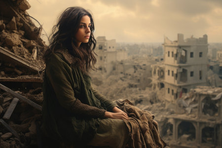 Civilian refugee affected from aggression of war and battle escape city from war zone which has no little comelinessの素材