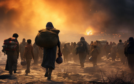 Civilian refugee affected from aggression of war and battle escape city from war zone which has no little comelinessの素材