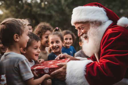Santa Claus giving christmas gift to children in the city with comelinessの素材
