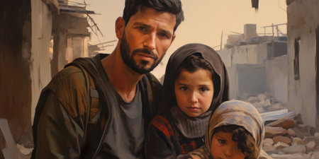 Civilian refugee affected from aggression of war and battle escape city from war zone which has no little comelinessの素材