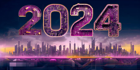 2024 new year, digital technology concept, above futuristic city skyline computer and artificial intelligence, AI for 2024 taintless lifestyleの素材