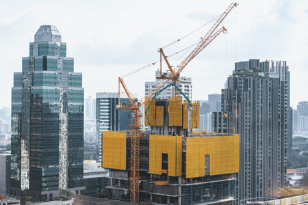 Image of exterior skyscrapers construction site with tower cranes. Cityscape under construction with...