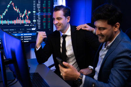 Two stock exchange traders getting profit in trading currency stock. Successful stock exchange...