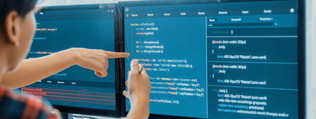 Cropped image of professional programer team collaboration discuss about web coding while coworker...