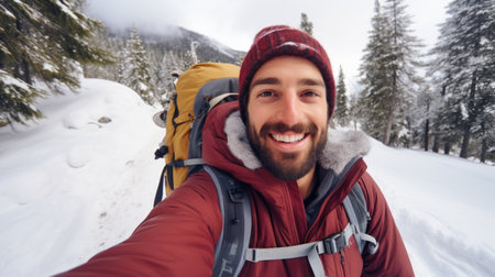 Traveler influencer taking selfie during travel in winter season backpack on alps mountain comelinessの素材