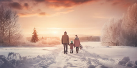 Happy family Father, mother and children are having fun and playing on snowy winter walk in nature. comelinessの素材