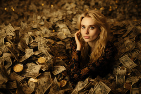 Billionaire on Huge Pile of Banknotes Rich and Prosperity Comelinessの素材