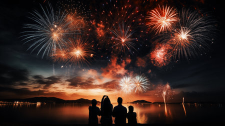 Firework explosion in the night sky celebrating happy new year 2024 . National firework shooting in the beautiful sky for a new year day of year 2024 .の素材