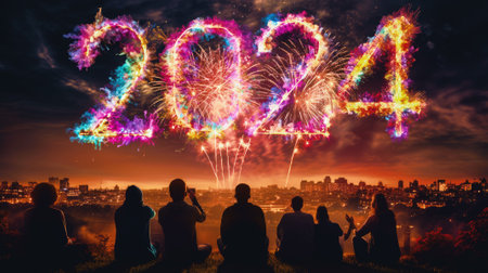 Firework explosion in the night sky celebrating happy new year 2024 . National firework shooting in the beautiful sky for a new year day of year 2024 .の素材