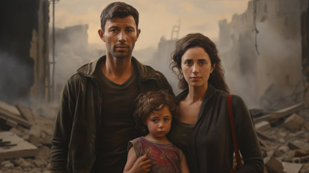 Civilian refugee affected from aggression of war and battle escape city from war zone which has no little comelinessの素材