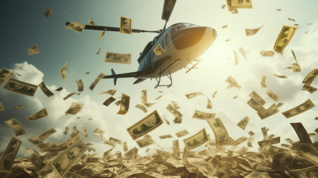 money drop from air to people in the city comeliness, concept of recession rescue by monetization economyの素材