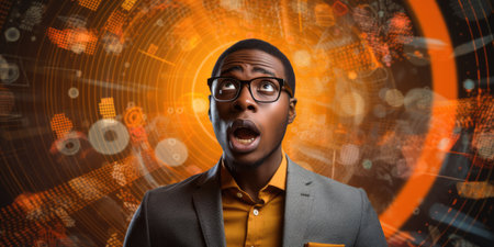 Business person overloaded by stress from business data and information that come from work, technology, social media and marketing business strategy received by a corporate employeeの素材