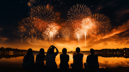 Firework explosion in the night sky celebrating happy new year 2024 . National firework shooting in the beautiful sky for a new year day of year 2024 .の素材