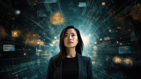 Tech analyst study cyber data chart from corporate system for statistical analytic defining marketing plan and strategy to compete in futuristic technology businessの素材