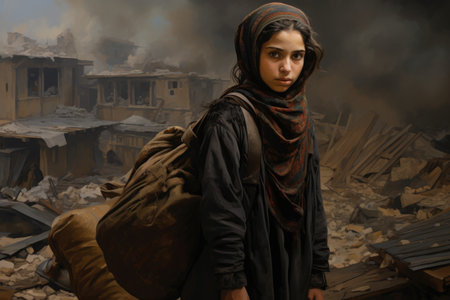 Civilian refugee affected from aggression of war and battle escape city from war zone which has no little comelinessの素材