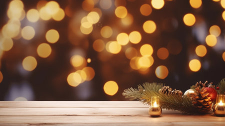 Merry Christmas and Happy New Year background with empty wooden table over Christmas tree and blurred light bokeh. Empty display for product placement. Rustic vintage Xmas 2024 background. comelinessの素材