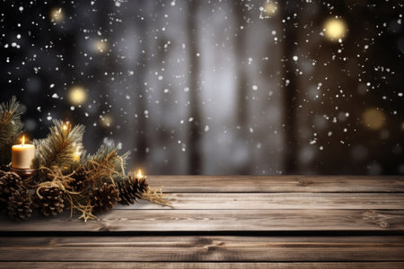 Merry Christmas and Happy New Year background with empty wooden table over Christmas tree and blurred light bokeh. Empty display for product placement. Rustic vintage Xmas 2024 background. comelinessの素材