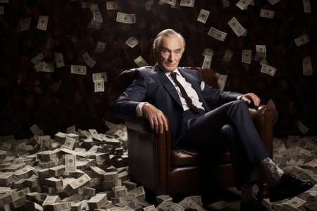 Billionaire on Huge Pile of Banknotes Rich and Prosperity Comelinessの素材