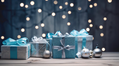 Christmas gift boxes on a wood table ready for joyful holiday celebration, merry Christmas and happy new year 2024 festival comelinessの素材