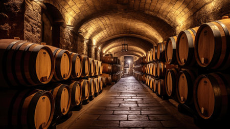 Several barrels of wine in a wine cellar in a traditional underground winery comelinessの素材