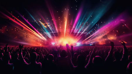 silhouette of concert crowd in front of bright stage lights. Dark background, smoke, concert spotlightsの素材