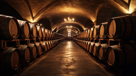 Several barrels of wine in a wine cellar in a traditional underground winery comelinessの素材