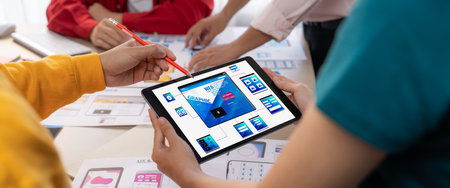 Panorama banner of startup UX developer or company employee design user interface or UI prototype...